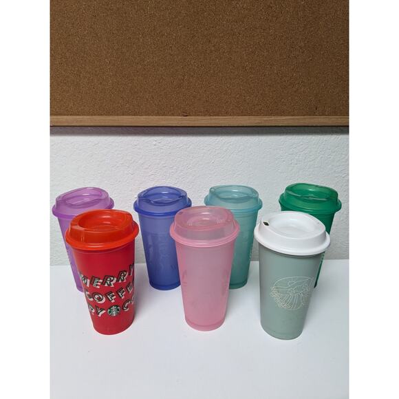 Starbucks Grande 16 oz Cups Tumblers Reusable Hot Cold with lids set of 7 - Picture 1 of 8